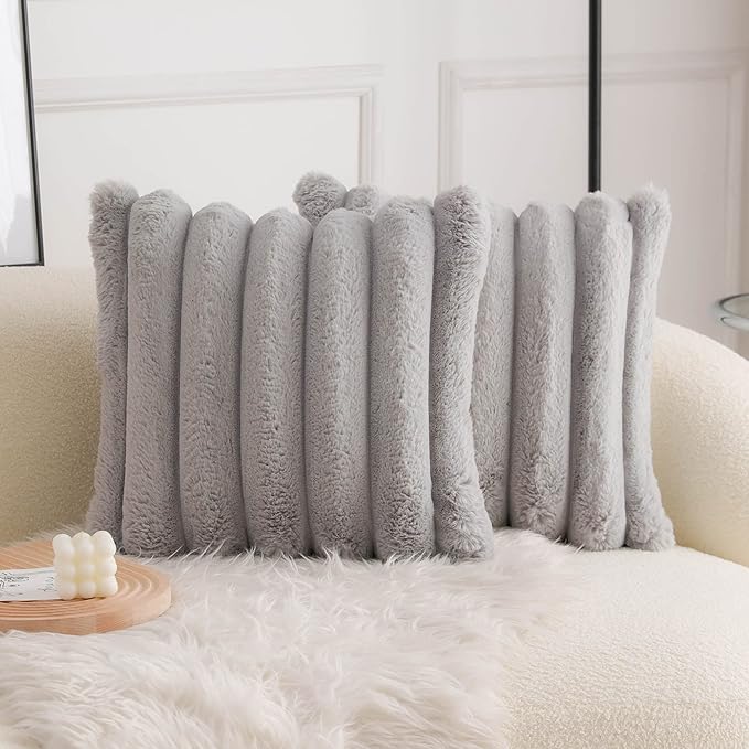 Neelvin Grey Faux Fur Cozy Soft Striped Decorative Throw Pillow Covers 24x24 inch Set of 2,Velvet Pillowcase Cushion Case for Sofa Couch