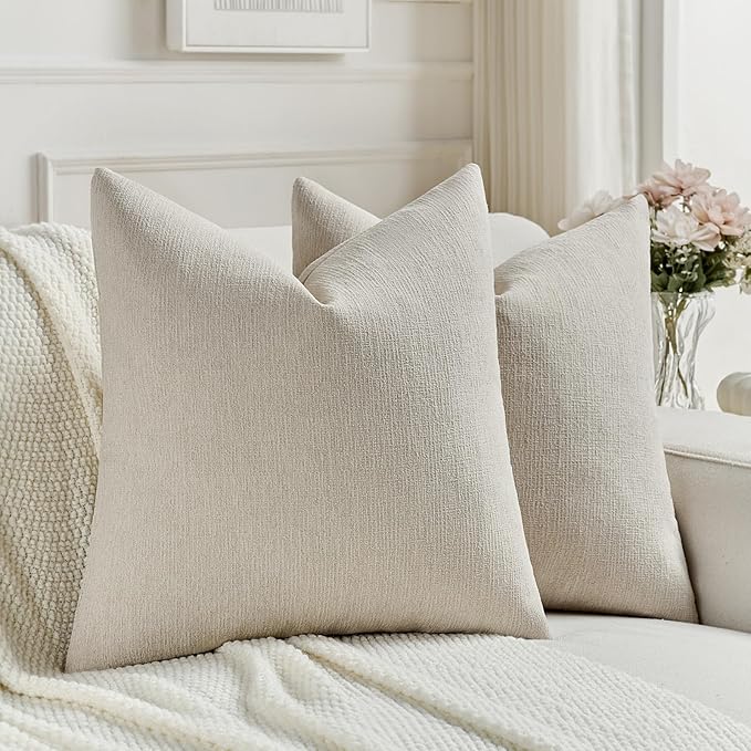 FUTEI Beige Chenille Decorative Throw Pillow Covers 22x22 Inch Set of 2,Soft Cozy Faux Linen Textured Cushion Case,Farmhouse Home Decor for Couch Living Room
