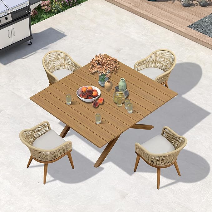 PURPLE LEAF 5 Pieces Oversized Square Patio Dining Set with Outdoor Aluminium Dining Table and Woven Chairs Modern Metal Furniture Cushions Sets for Garden Yard Indoor Decor Kitchen Teak
