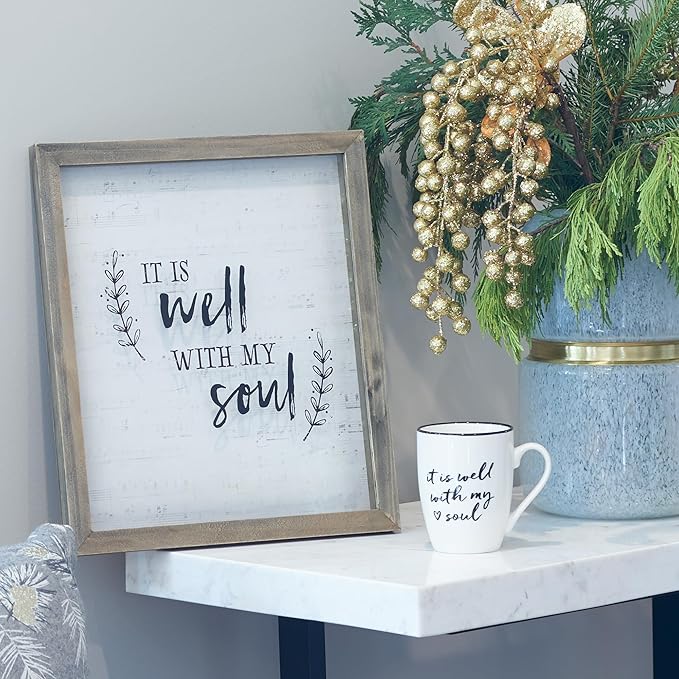 Christian Art Gifts Microwave & Dishwasher Safe Encouraging Ceramic Coffee & Tea Mug for Women & Men: It is Well With My Soul Inspirational Non-toxic Novelty Heart Beverage Cup, White & Black, 12 oz.