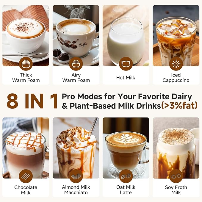 8-in-1 Milk Frother and Steamer 600W, AMZCHEF 17oz/500ml Detachable Frother for Coffee, Automatic Warm and Cold Foam Maker, Hot Chocolate Maker, Dishwasher Safe, LED Display