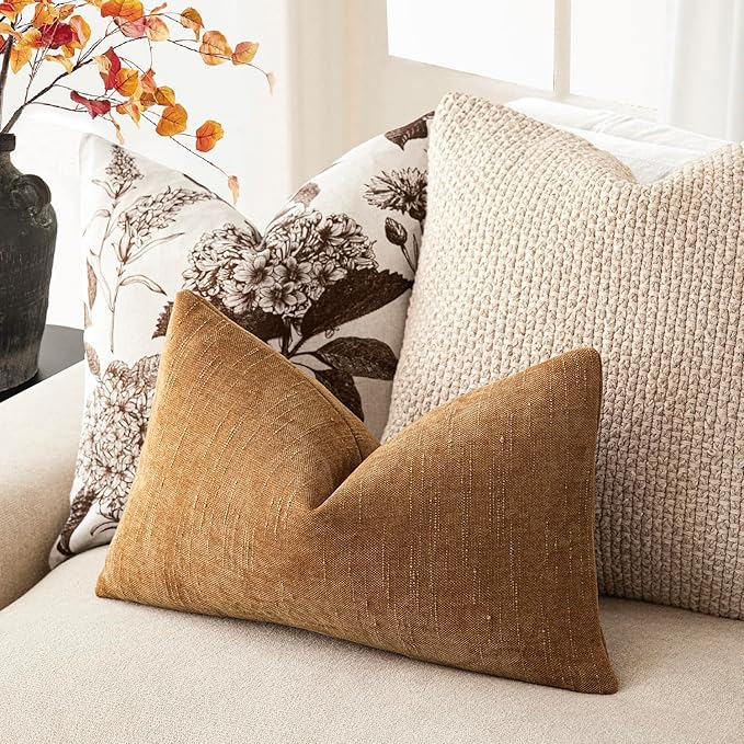 Foindtower Set of 2 Textured Chenille Throw Decorative Pillow Covers Square Accent Solid Cushion Cover Neutral Farmhouse Lumbar Pillow Case for Couch Sofa Bedroom Living Room 12x20 Inch,Golden Brown