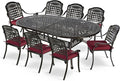 MEETWARM 9-Piece Outdoor Furniture Dining Set, All Weather Cast Aluminum Patio Garden Set with 1 Oval Table, 8 Chairs, 8 Cushions, 2" Umbrella Hole, Dark Bronze, Chili Red