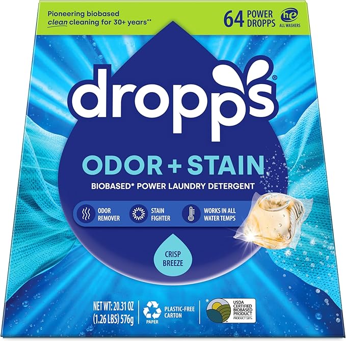Dropps Odor & Stain Biobased Power Laundry Detergent Pods, Crisp Breeze HE Compatible Laundry Pods for Fresh Clothes - Laundry Soap Supplies & Recyclable Paperboard Packaging