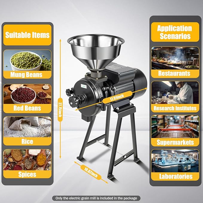 1500W Electric Grain Mill Grinder, 110V Commercial Dry Grinder for Rice Corn Spices, 70kg/h Stainless Steel Grinding Machine with Adjustable Fineness, for Restaurant Lab Supermarket Home Use