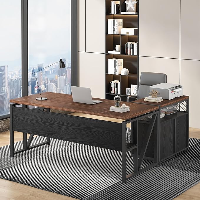 Tribesigns L Shaped Desk with Drawer Cabinet, 63" Executive Computer Desk and lateral File Cabinet, 2 Piece Home Office Furniture with Drawers for Hanging, Doors with Locks (Dark Brown, 63 inches)
