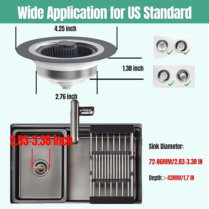 Kitchen Sink Drain Strainer Stopper 304 Stainless Steel 3 in 1 Sink Protectors Pop Up Anti-Clogging Kitchen Sink Stopper Basket Filter for US Standard 3-1/2 Inch Drain Cover(2 Packs)