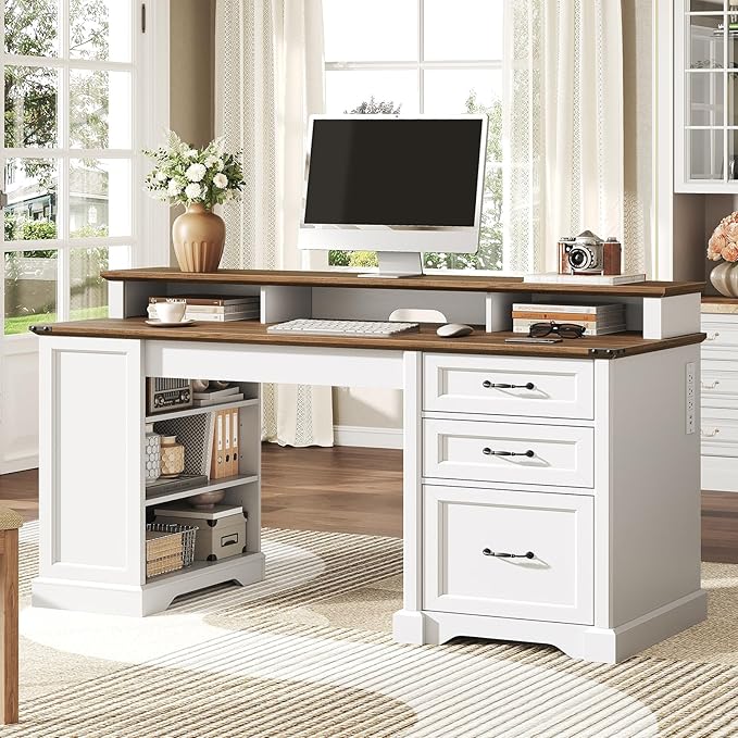 55'' Farmhouse Executive Desk with Drawers, Computer Desk with File Cabinet and Side Bookshelf, Writing Gaming Desk with Monitor Stand & Charging Station, White and Walnut