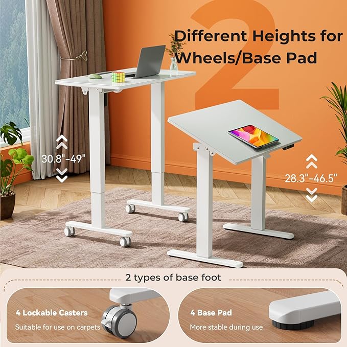 35inch Glass Standing Desk，90° Tiltable Mobile Rising Desk Height Adjustable，Whole Piece Rolling Sit Stand Table with Wheels，Foldable Small Laptop Desk，White