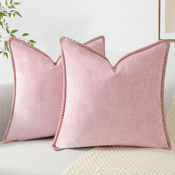 decorUhome Chenille Soft Throw Pillow Covers 22x22 Set of 2, Farmhouse Velvet Neutral Decorative Euro Pillow Covers with Stitched Edge for Couch Sofa Bed Home Decor, Blush Pink