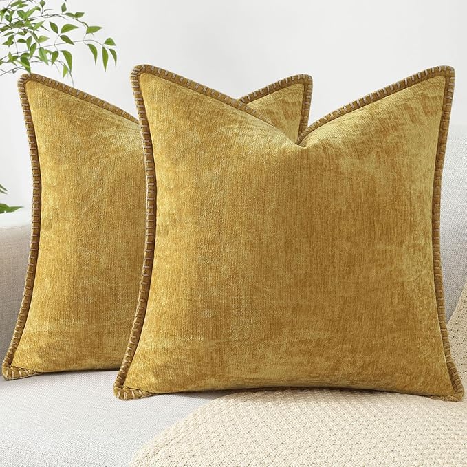 decorUhome Chenille Soft Throw Pillow Covers 16x16 Set of 2, Farmhouse Velvet Neutral Decorative Euro Pillow Covers with Stitched Edge for Couch Sofa Bed Home Decor, Mineral Yellow