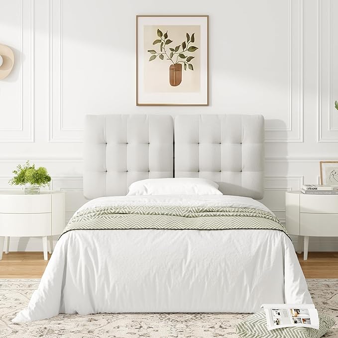 Tufted Upholstered Full Headboard, Adjustable Height Full Size Headboard Only from 39”to 44” with Durable Solid Wood Legs, Modern Button Diamond Fabric Head Board with Width Adapters, Beige