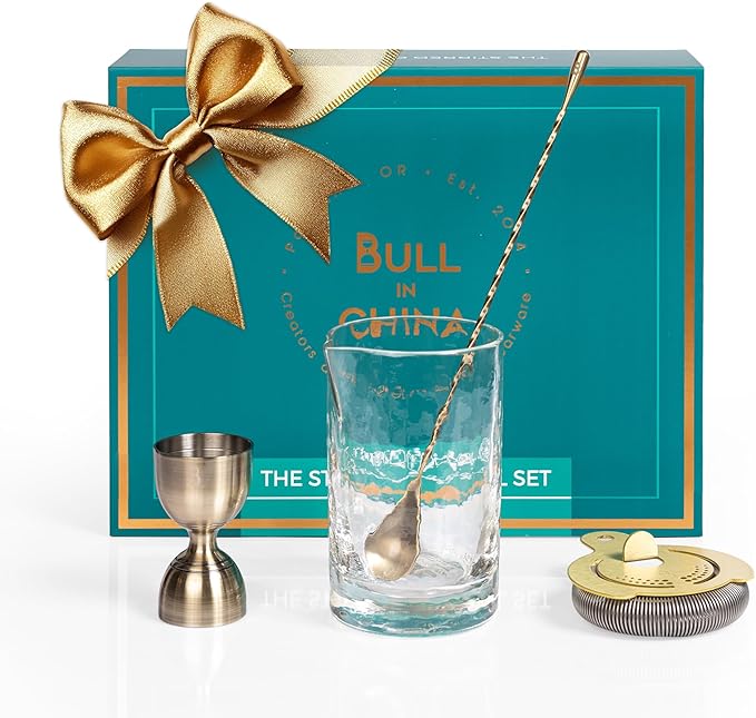 4 Piece Cocktail Kit by Bull In China - 100% Brass Premium Bartender Gift Set Includes Flagship Mixing Glass, 12 inch Barspoon, Bell Jigger & Hawthorne Strainer For Professional & Home Bars (Brass)