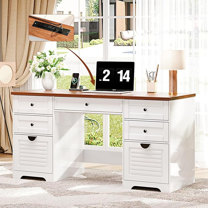 59" Home Office Desks, Executive Desk, Farmhouse Computer Desk with 7 Drawers and Charging Station, File Drawer, Rustic Computer Writing Desk,Antique Cream