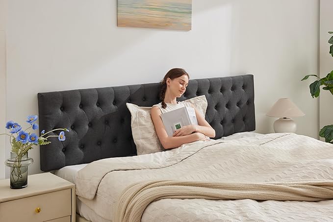 Kingfun Tufted Upholstered King Size Bed Headboard in Modern Button Design, Adjustable Solid Wood Head Board, Premium Linen Fabric Padded Headboards in Bedroom (Dark Grey)