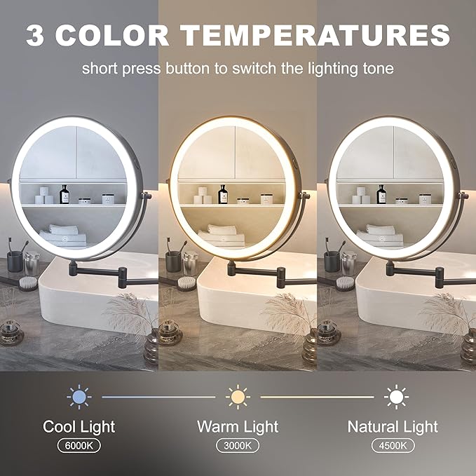 Hasipu 10-Inch Wall Mounted Makeup Mirror with Magnification, Rechargeable 3000 mAh Vanity Mirror with Lights, Bathroom Mirror with Dimmable Brightness, 3 Lighting Modes, Extendable Arm, Black