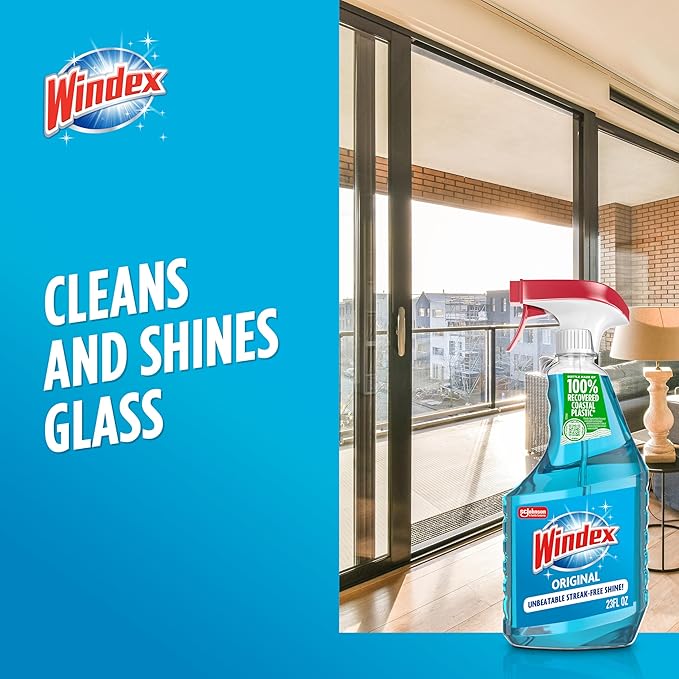 Windex Glass and Window Cleaner Spray Bottle, Packaging Designed to Prevent Leakage and Breaking, Surface Cleaning Spray, Original Blue Scent, 23 Fl Oz