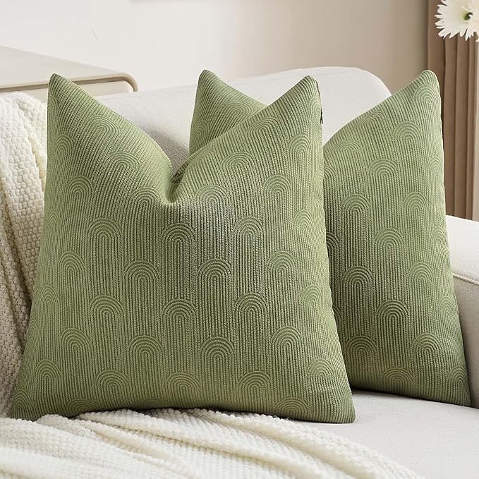 FUTEI Moss Green Chenille Decorative Throw Pillow Covers 16x16 Inch Set of 2,Soft Cozy Striped Geometric Patterns Cushion Case,Modern Home Decor for Couch Bed Living Room