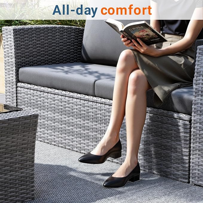 Wisteria Lane 4 Piece Patio Furniture Set, Wicker Outdoor Patio Conversation Furniture Set, All Weather Outdoor Patio Sofa with Cushion and Glass Table, Dark Grey