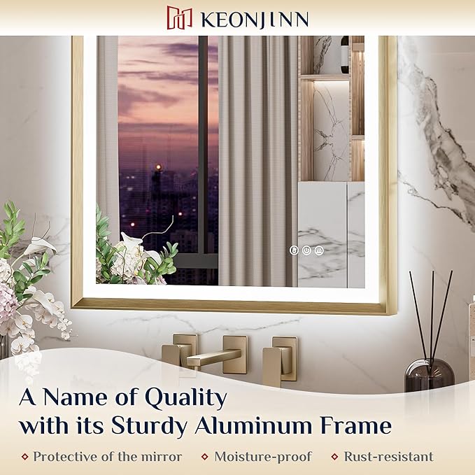 Keonjinn Gold LED Bathroom Mirror 40 x 24 Inch with Frontlit & Backlit, Lighted Mirrors Metal Framed for Wall, Stepless 3 Colors Lights, Anti Fog, Tempered Glass, Brighter and No Dark Corner