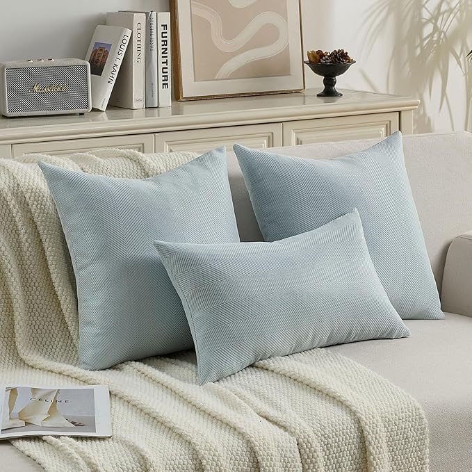 FUTEI Light Blue Chenille Throw Pillow Covers 16x16 Inch Set of 2,Soft Wide Chevron Textured Cushion Case,Farmhouse Home Decor for Couch Bed Living Room