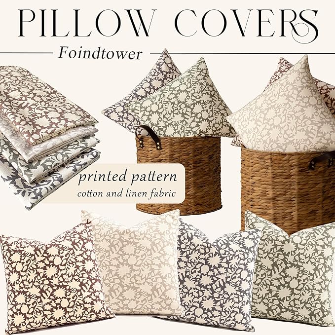 Foindtower Set of 2 Decorative Neutral Floral Throw Pillow Covers Accent Farmhouse Cushion Covers Boho Vintage Pillowcase for Couch Sofa Bedroom Living Room Home Decor,22×22 Inch,Rustic Gray