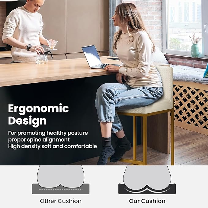 PHI VILLA Bar Stools - Counter Height Bar Stool Leather Stools for Kitchen Counter, White and Gold Bar Stools with Back