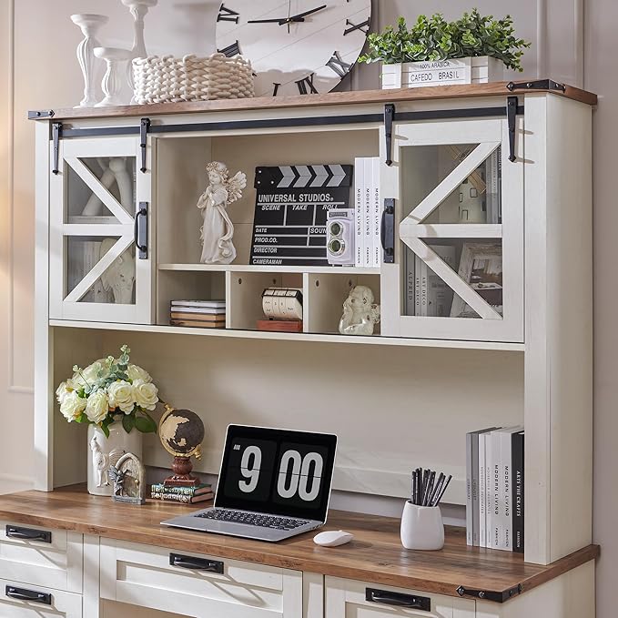RedLemon 60" Farmhouse Desk with Hutch, Wood Home Office Executive Desk with Drawer, Charging Station, Keyboard Tray, File Drawer, Storage Cabinet, Rustic Writing Computer Desk (Antique White)