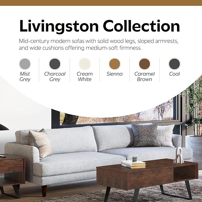 SIMPLIHOME Livingston 90-inch Wide Sofa in Mist Grey Woven-Blend Fabric, Handcrafted Mid-Century Modern Oversized 3-Seater Couch Sofa for Living Room or Family Room, Solid Wood Frame
