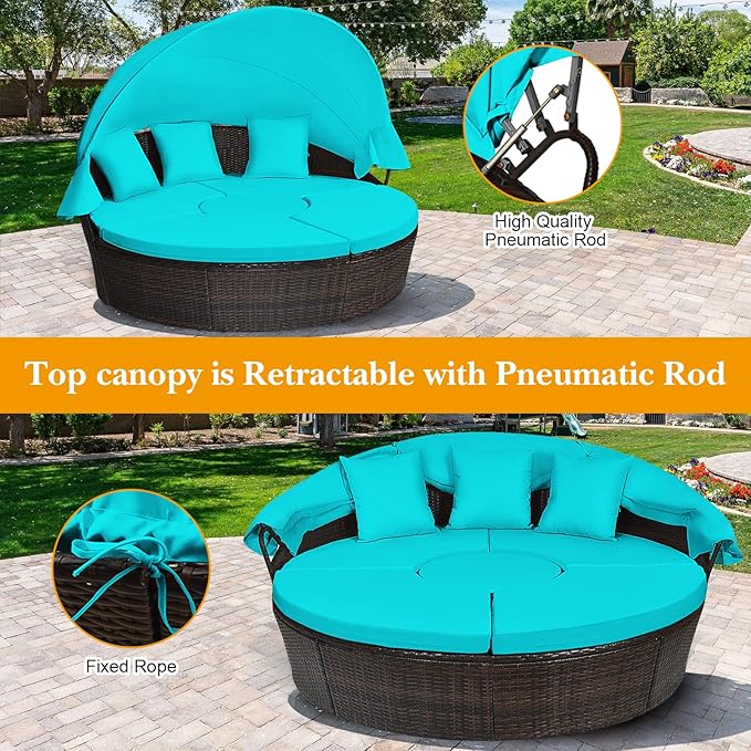COSTWAY Patio Round Daybed with Retractable Canopy, Wicker Furniture Sectional Couch with Separate Cushioned Seats, Adjustable Table Top, Patio Rattan Daybed Sofa for Poolside, Turquoise