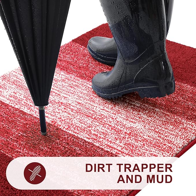Kitinjoy Indoor Outdoor Door Mat, 48x30 Non-Slip Absorbent Dirt Trapper, Low-Profile Washable Inside Entrance Front Floor Mat, Sturdy Soft Entry Doormats for Entryway, Burgundy