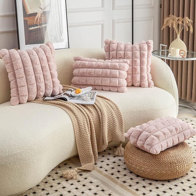 Neelvin Pink Faux Fur Cozy Soft Plaid Decorative Throw Pillow Covers 20x20 inch Set of 2,Velvet Pillowcase Cushion Case for Sofa Couch