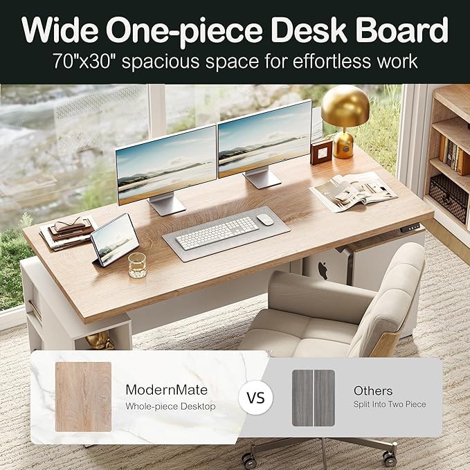71" Standing Executive Desk with Privacy Panel, Large One-Piece Electric Height Adjustable Stand Up Desk with Charging Station, File Cabinet Storage, Home and Office, Light Walnut