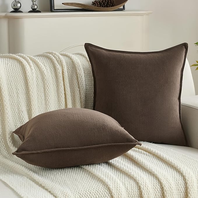 FUTEI Dark Coffee Chenille Throw Pillow Covers 12x20 Inch Set of 2,Edges Double-Stitched Lumbar Pillow Cases,Modern Home Decor for Couch Living Room