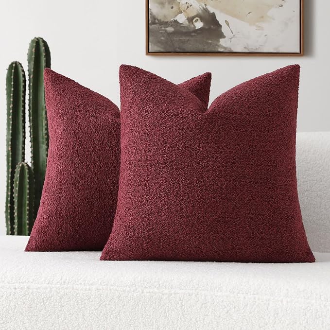 FUTEI Pack of 2 Burgundy Decorative Throw Pillow Covers 18x18 Inch Soft Cozy Solid Boucle Textured Cushion Case,Modern Home Decor for Couch Bed Living Room