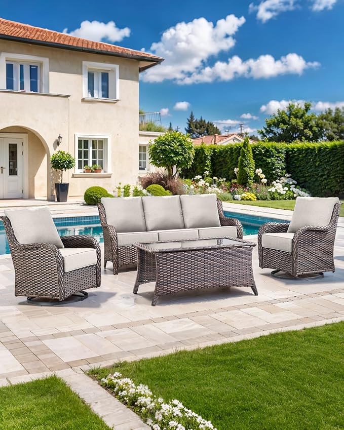 Luxury 22x24/22x25 6-Inch Outdoor Cushions for 5 Peice Patio Furniture Set - Set of 5 Water-Resistant Pillow for Dining Rocking Swivel Chairs Loveseat Couch Sectional Sofa - Beige