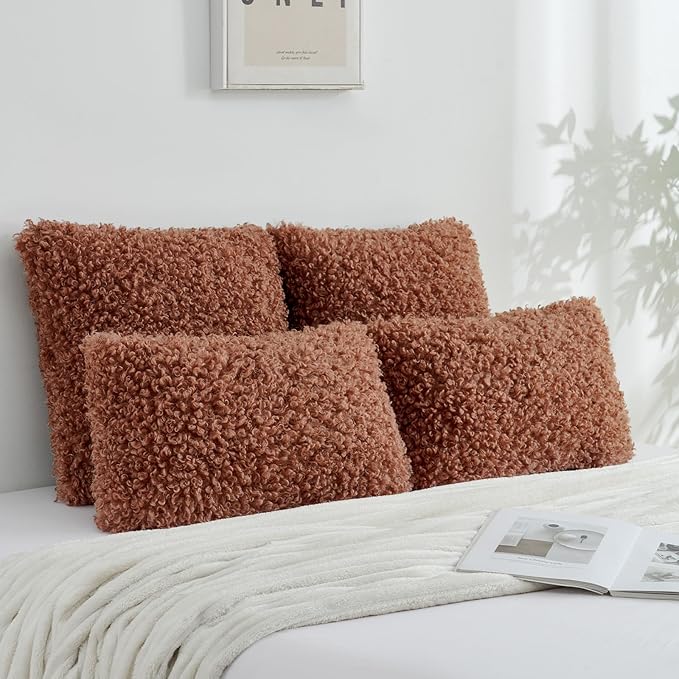 FUTEI Rust Decorative Throw Pillow Covers 12x20 Inch Set of 2,Soft Fluffy Faux Wool Fur Boucle Textured Lumbar Pillow Case,Modern Home Decor for Couch Bed Living Room Office