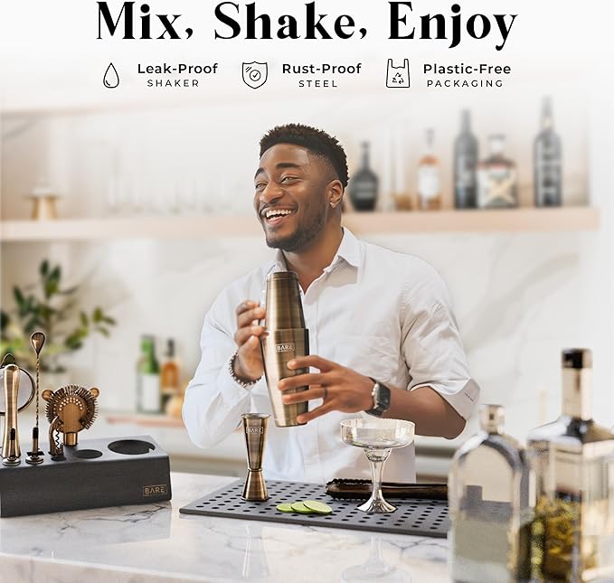 BARE BARREL® Mixology Bartender Kit Bar Set | 14-Piece Cocktail Shaker Set | Martini Barware Mixing Tools for Home Bartending | Incl. 35 Recipe Cards | Gift Set (28oz Boston Shaker, Brass/Black)