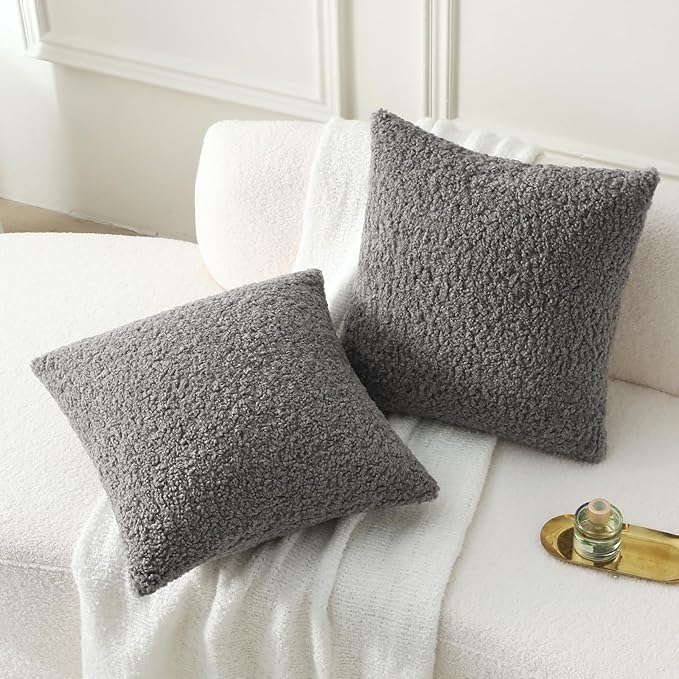 FUTEI Dark Grey Throw Pillow Covers 22x22 Inch Set of 2,Furry Faux Fur Teddy Boucle Textured Cushion Covers,Soft Fluffy Decorative Pillow Case,Home Decor for Couch Bed Living Room Office Car