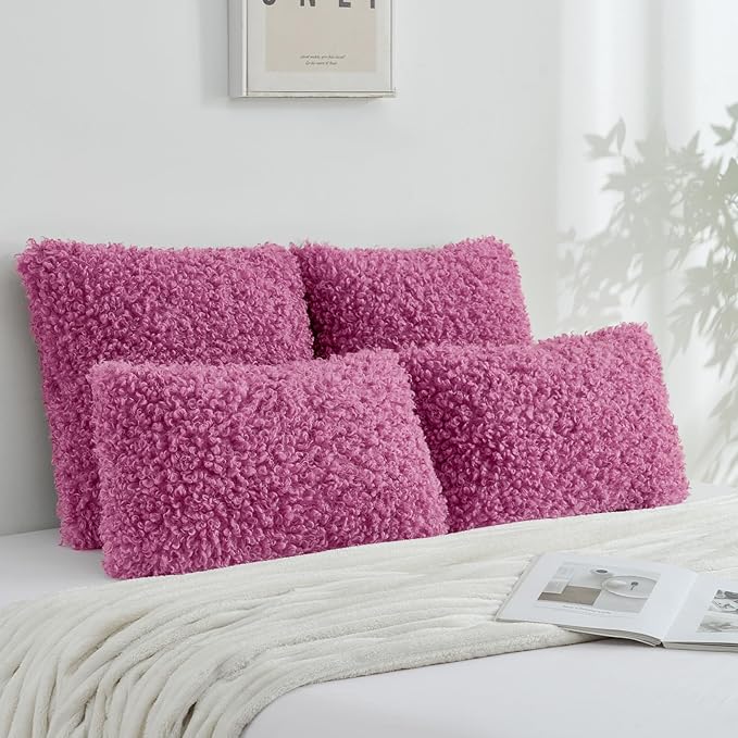 FUTEI Hot Pink Decorative Throw Pillow Covers 24x24 Inch Set of 2,Soft Fluffy Faux Wool Fur Boucle Textured European Cushion Case,Modern Home Decor for Couch Bed Living Room Office