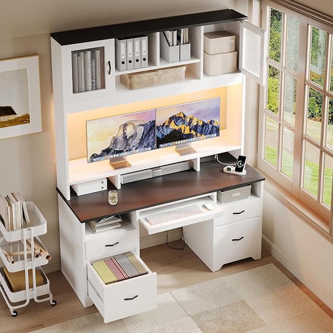 Bestier 77.8" H Executive Desk with Hutch, Modern Wood Computer Desk with Drawers, Charging Station, LED Light, Fluted Storage Cabinet, Keyboard Tray, 59" W Office Desk for Home Office, White