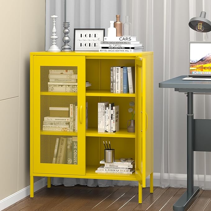 Yellow Metal Storage Cabinet with Mesh Doors, Office Metal Locker Cabinet, Metal Display Cabinet with 2 Adjustable Shelves for Home, Office, Kitchen