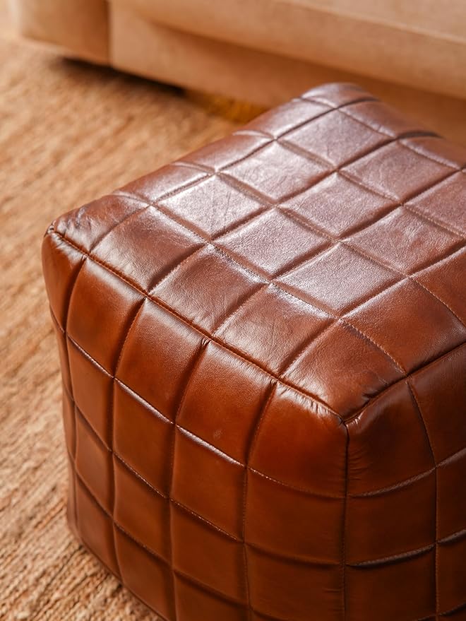 Handmade Eco-Friendly Geometric Leather Pouf Brown Color Square 18" x 18" x 18" Leather Pouf for Living Room, Bedroom Seating, Patio