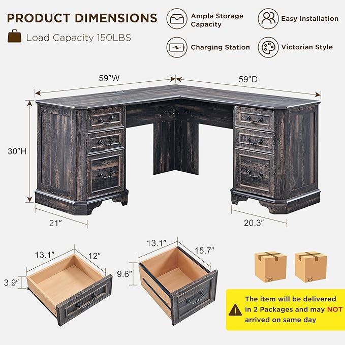 T4TREAM 59" L Shaped Executive Desk with Drawers,Farmhouse Wood Computer Desk, Featuring Charging Station,File Drawer, Storage Cabinet,for Home Office Work and Study (Dark Rustic Oak)
