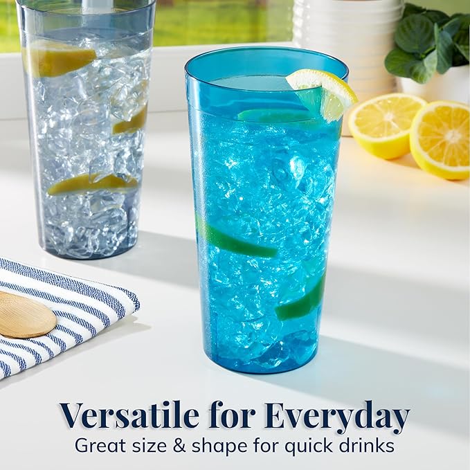 US Acrylic Café Plastic Reusable Tumblers (Set of 12) 32-ounce Iced-Tea Cups, Coastal | Value Set of Restaurant Style Drinking Glasses, Stackable, BPA-free, Made in the USA | Top-rack Dishwasher Safe
