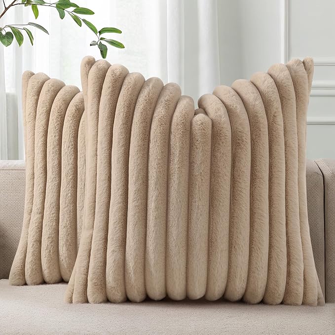 Pallene Faux Fur Plush Throw Pillow Covers 16x16 Set of 2, Luxury Soft Fluffy Striped Decorative Pillow Covers for Sofa, Couch, Living Room, Khaki