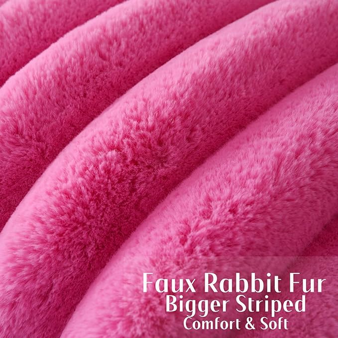 FUTEI Hot Pink Decorative Throw Pillow Covers 26x26 Inch Set of 2, Square Soft Faux Rabbit Fur Thick Striped Euro Pillow Shams,Winter Home Decor for Couch Bed Living Room