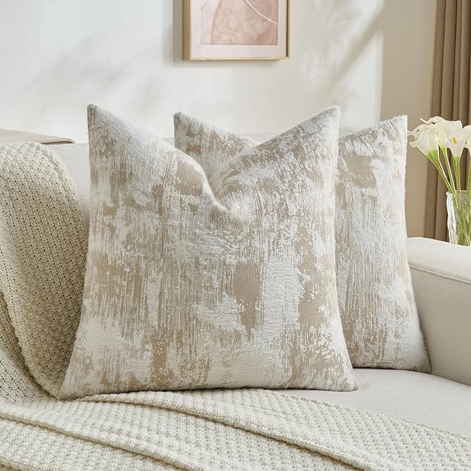 FUTEI Brown White Decorative Throw Pillow Covers 18x18 Inch Set of 2,Soft Faux Cashmere Jacquard - Textured & Cozy Cushion Case,Modern Home Decor for Couch Bed Living Room