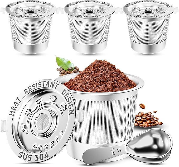 NESSUS K Cup Reusable Coffee Pods for Keurig 1.0, Stainless steel Reusable K Cups, Metal K Cups for Keurig Coffee Pods Reusable with Heat Resistant Handles and Coffee Scoop, NO BPA, 4 Pack