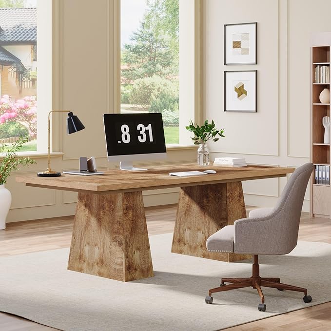 Tribesigns 63-Inch Executive Desk, Large Office Computer Desk with Double Pedestal, Modern Simple Workstations Writing Table Conference Table Business Furniture for Home Office, Natural